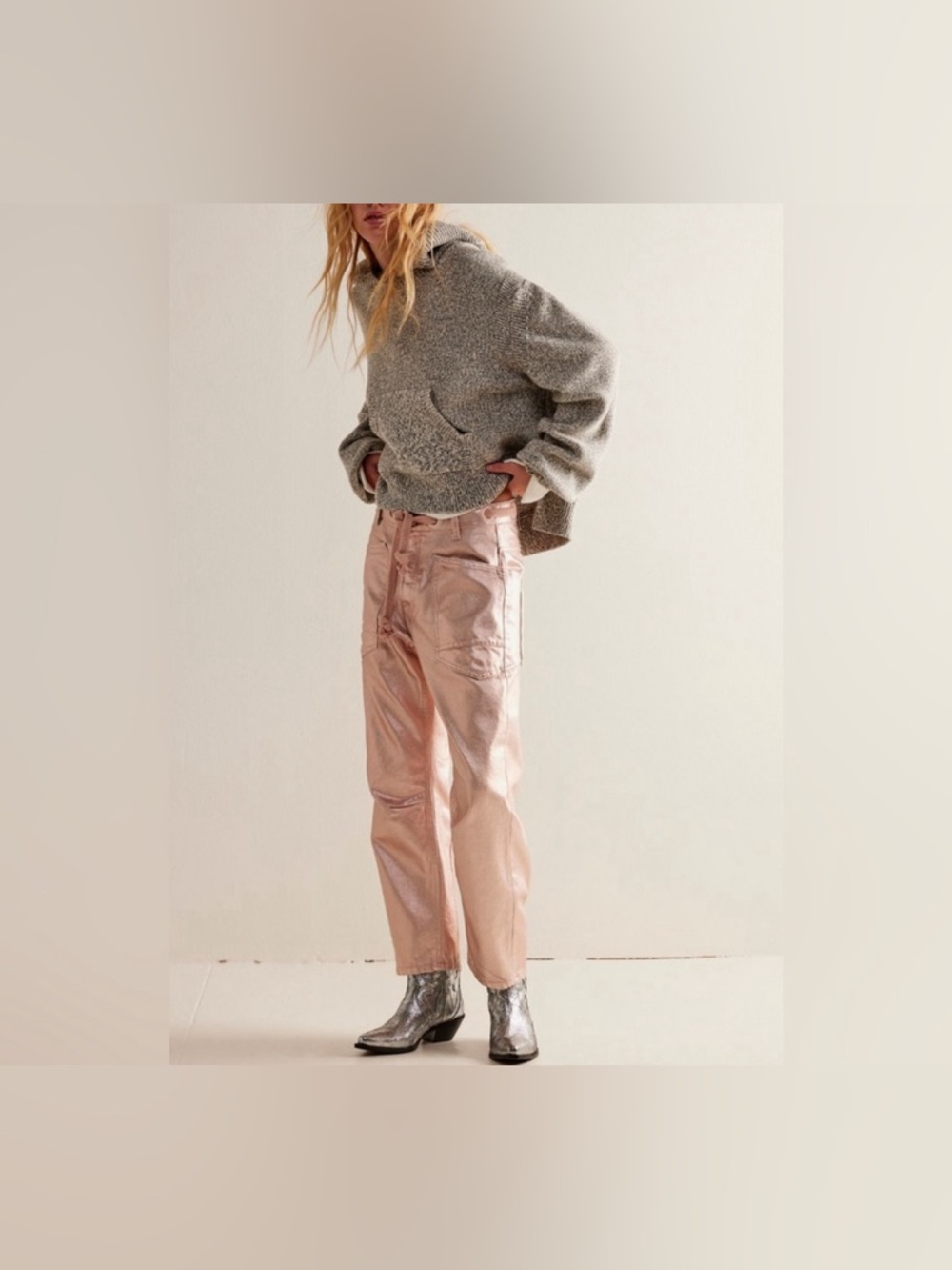 NWOT Free People We The Free Moxie Metallic Low-Slung Barrel Jeans - pink - 26 - Picture 2 of 11